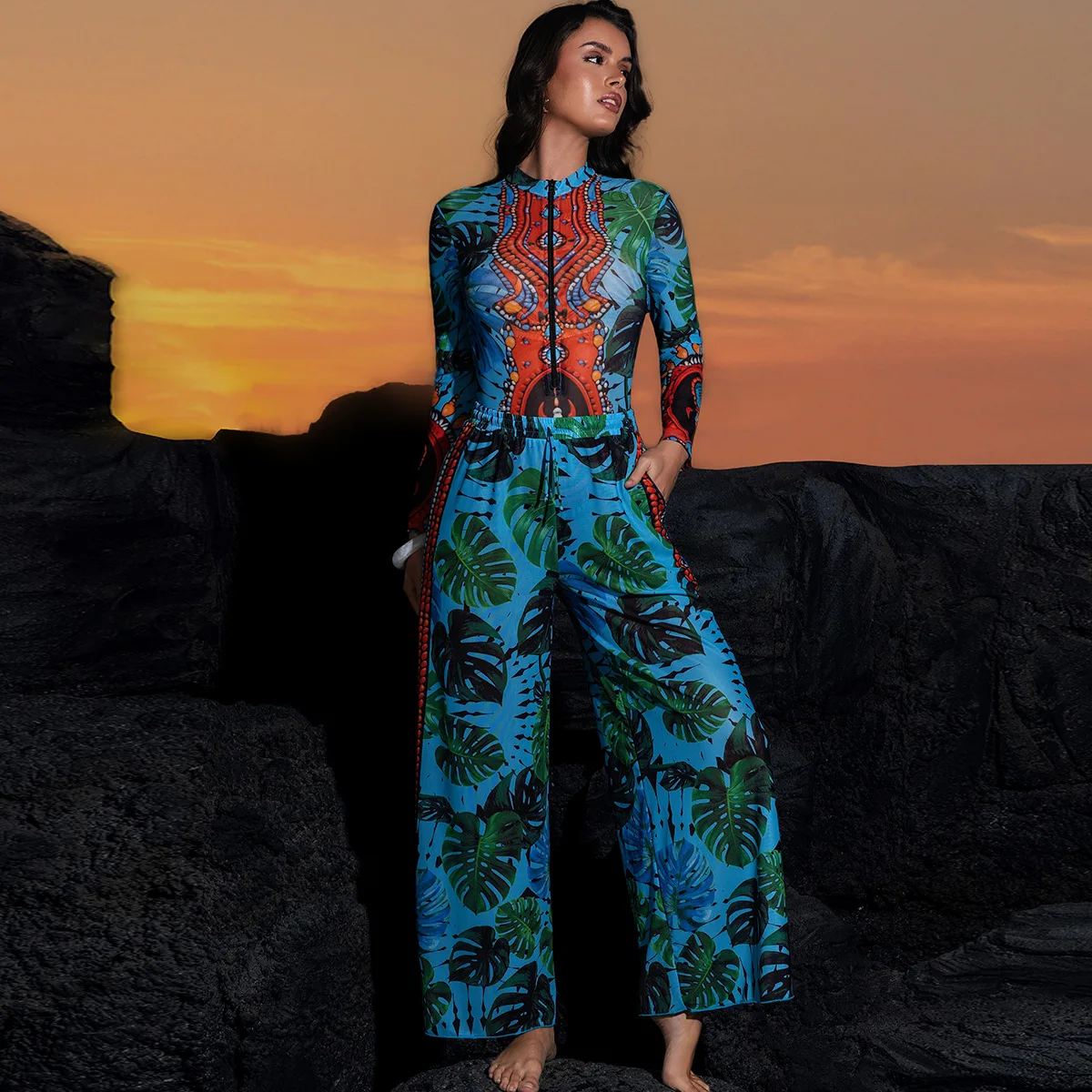 

One Piece Swimsuit Women Long Sleeve Swimwear Pants UPF 50+ Quick-Dry Beachwear with Front Zipper New Print Beach Bathing Suit