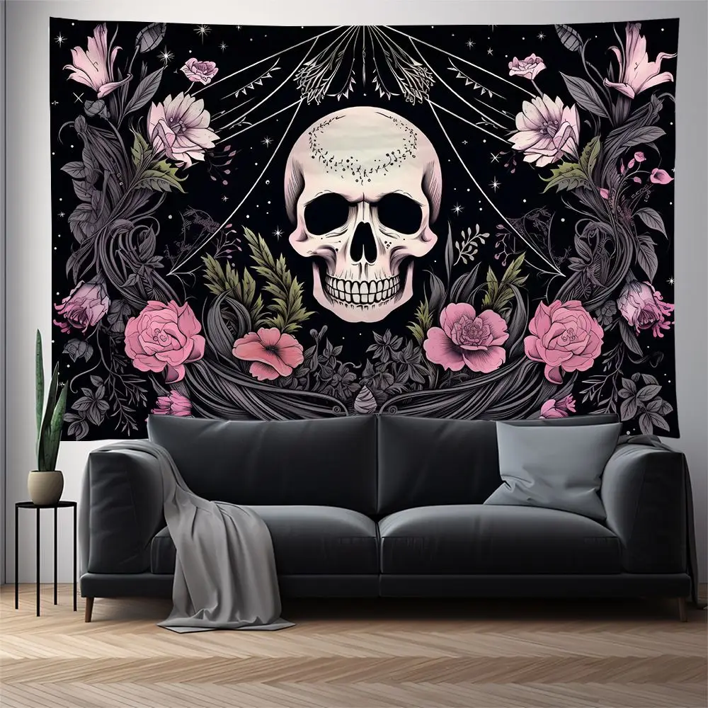 VIKAMA Skull Wall Hanging Tapestry, Pink Hippie Gothic Decor, American Boho Style for Bedroom Living Room