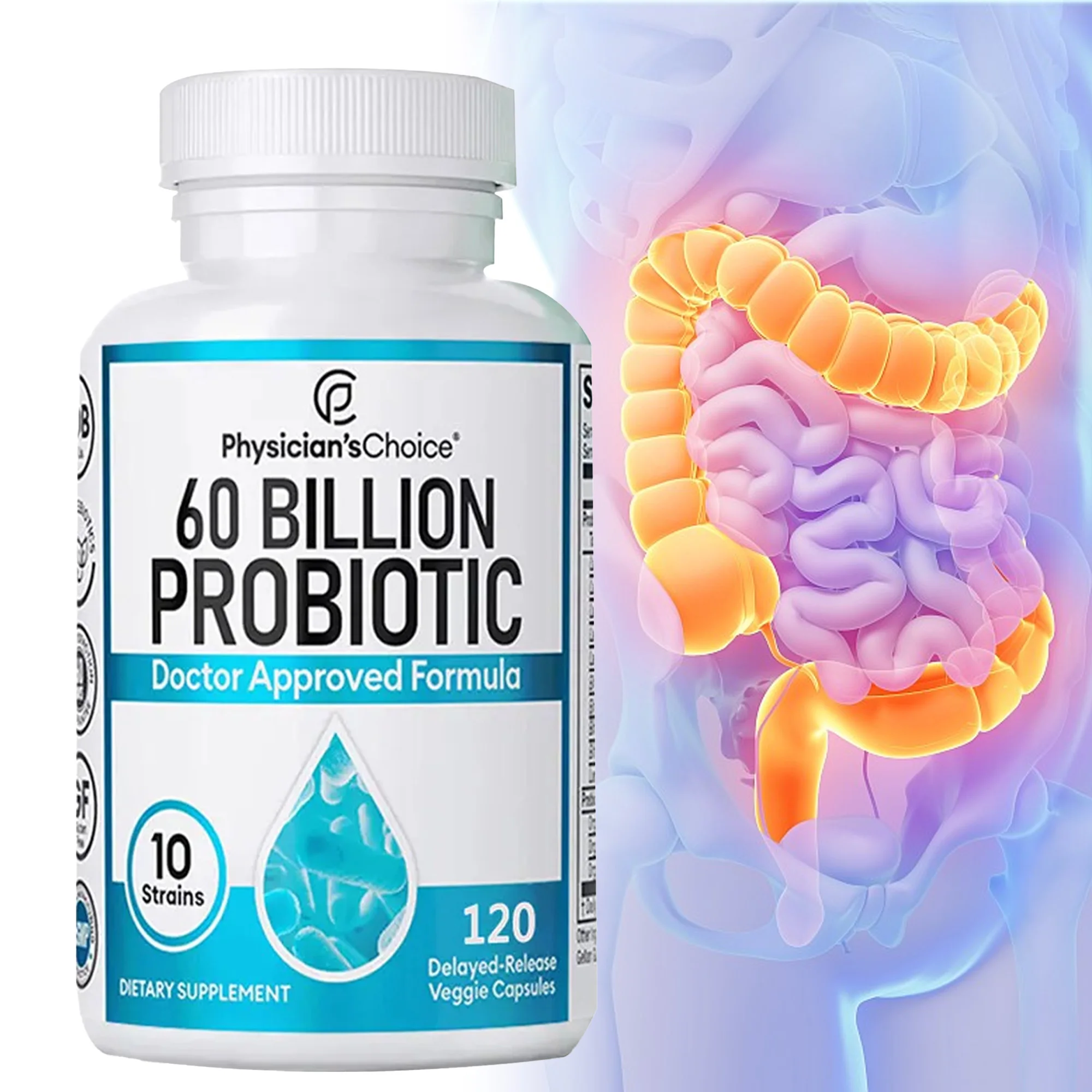 60 Billion Probiotic Supplement Capsules - Promotes Immune and Digestive Health, Nutrient Absorption, Suitable for Men and Women