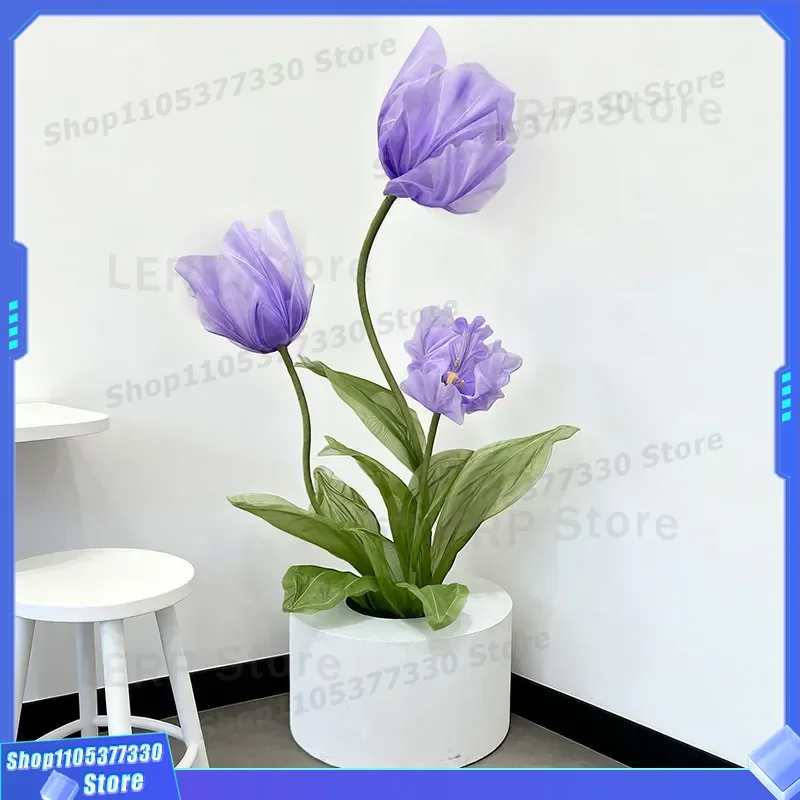 Large Organza Tulip Artificial Flower Handmade Flying Petals Wedding Decoration Space Arrangement Ornament Simulated Bloom