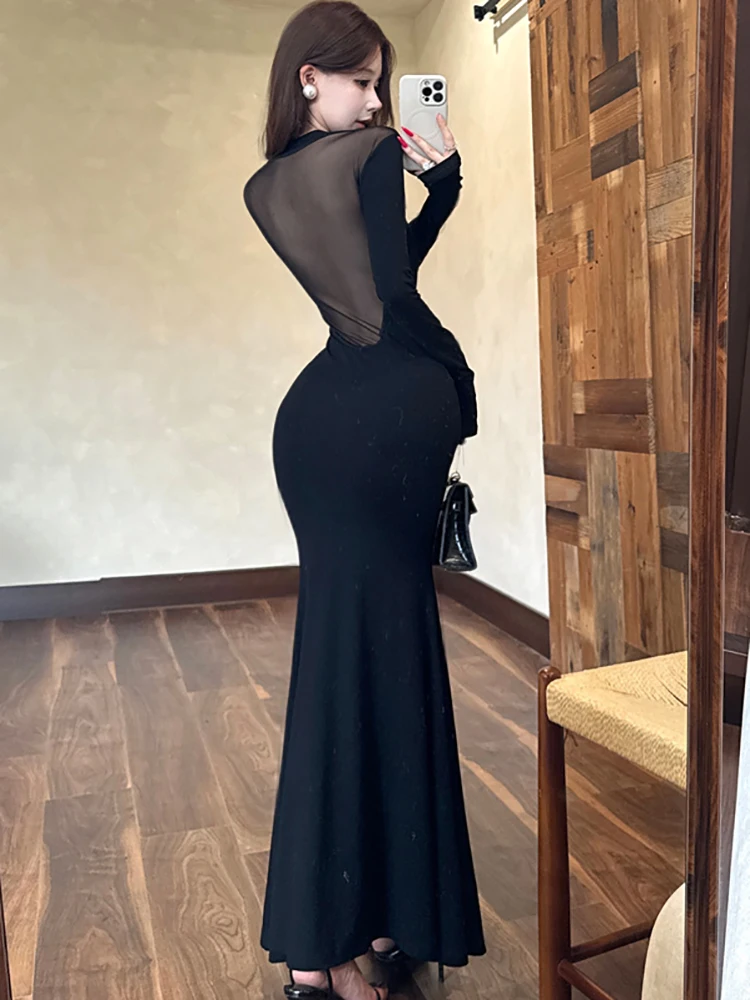 2025 Zwart Patchwork Mesh Sheer Sexy Club Jurk Vrouwen Lange Mouw Bodycon Avondjurk Zomer Koreaanse Luxe Festival Prom Dress