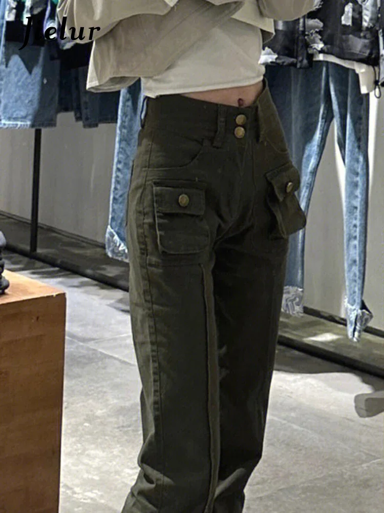 Jielur Harajuku Pocket Casual Denim Pants Women High Street Workwear Jeans Female Fashion Army Green High Waist Slim Cargo Jeans