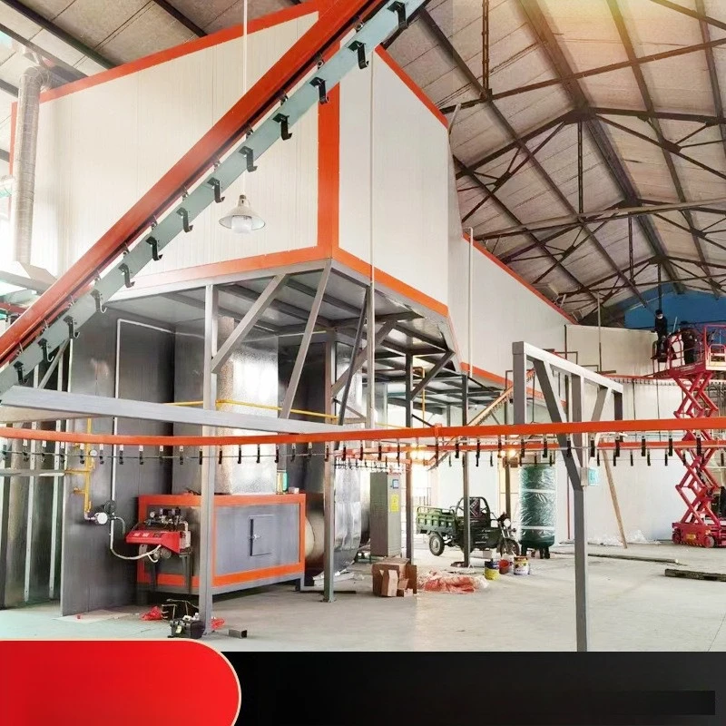 Automatic electrostatic spraying of industrial paint and plastic powder assembly line