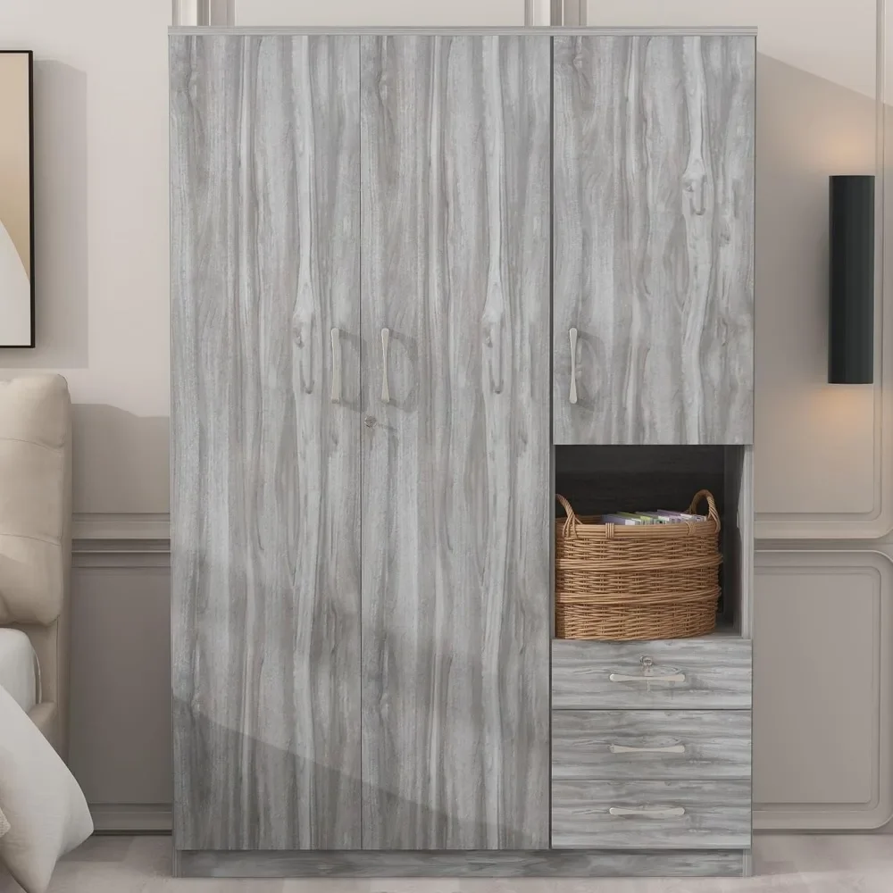 Modern 3-Door Wooden Wardrobe Armoire, Closet Organizer with Shelves, Drawers, and Hanging Rod, Stylish Storage Solution