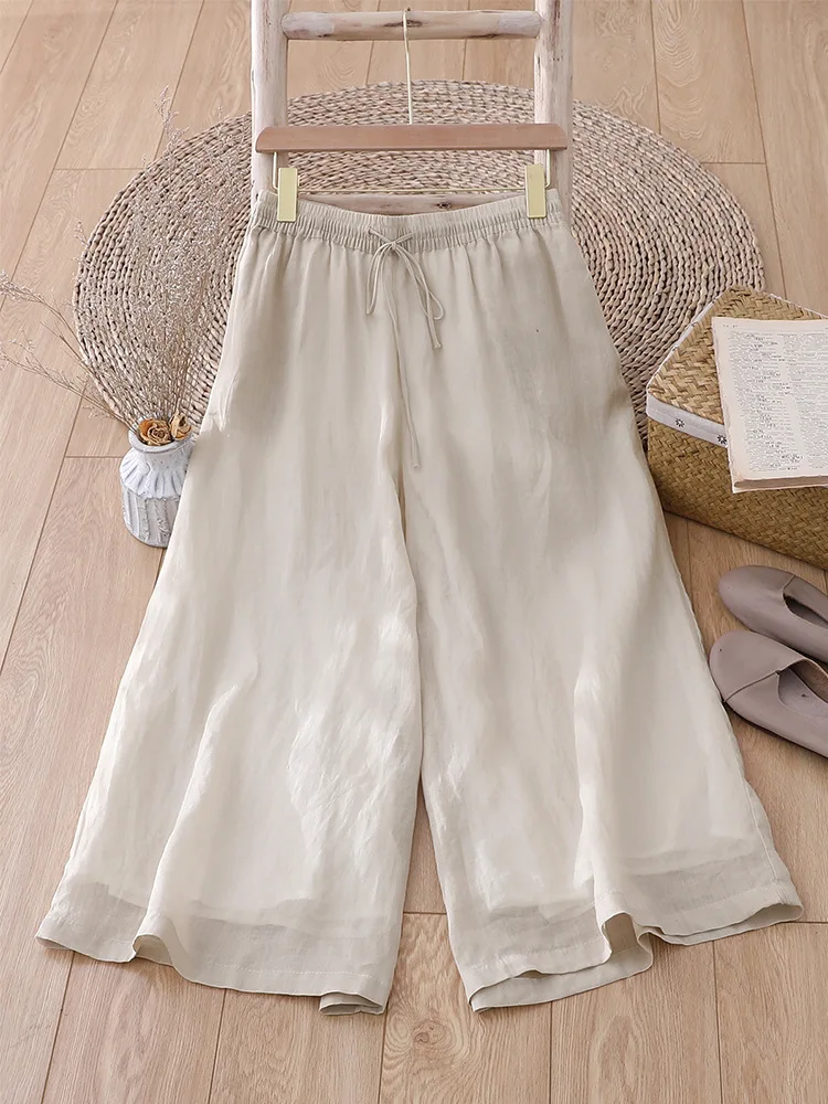 

100% Cotton Ramie Wide Leg Cropped Pants For Women Summer Thin Double Layered Loose Casual Straight Loose Elastic Band Trousers