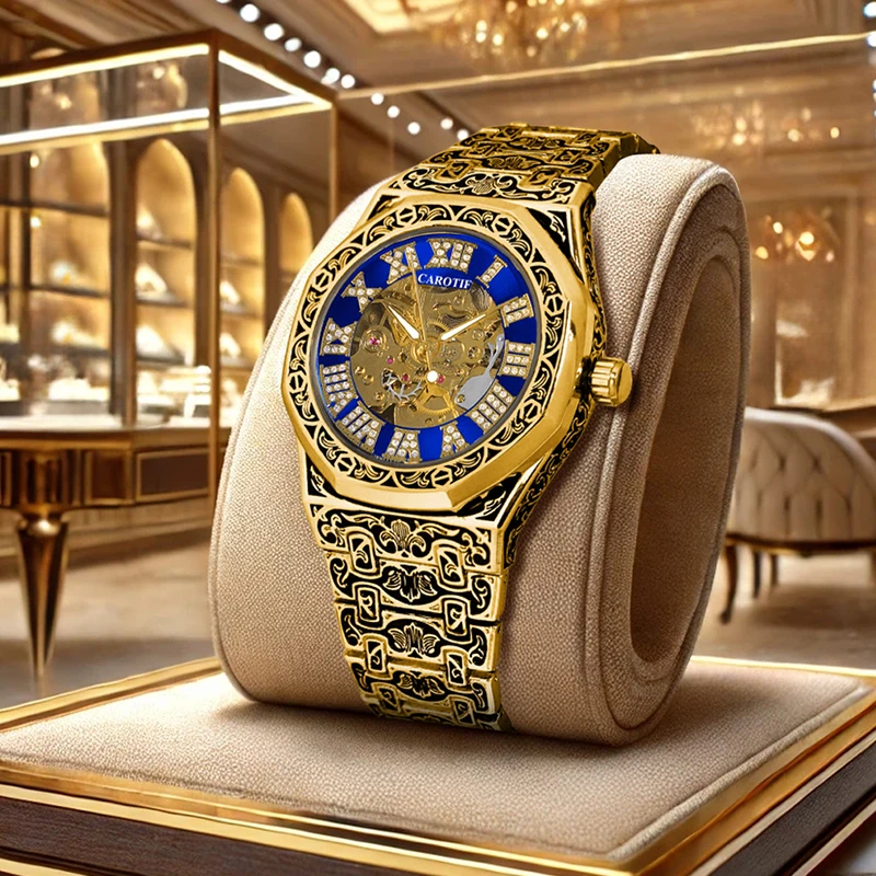 

Мужские винтажные автоматические механические часы с тиснением золотого стального ремешка в национальном стиле, ностальгический маховик, многоугольные автоматические механические часы