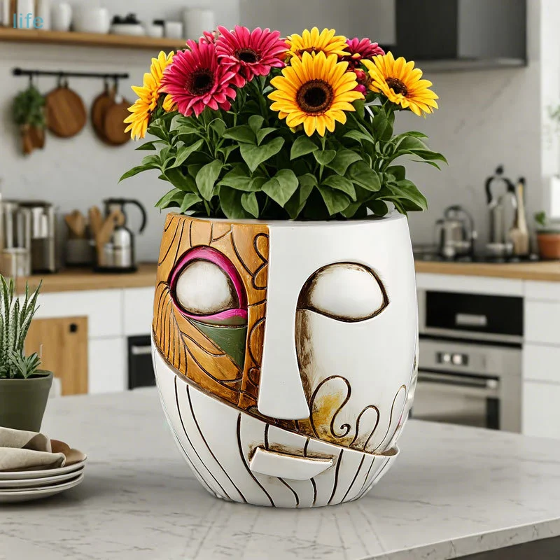 Creative Pottery Jars Facial Flower Pots Abstract Face Planters Pots Head Unique Head Planter For Indoor Plants Funny Flower Pot