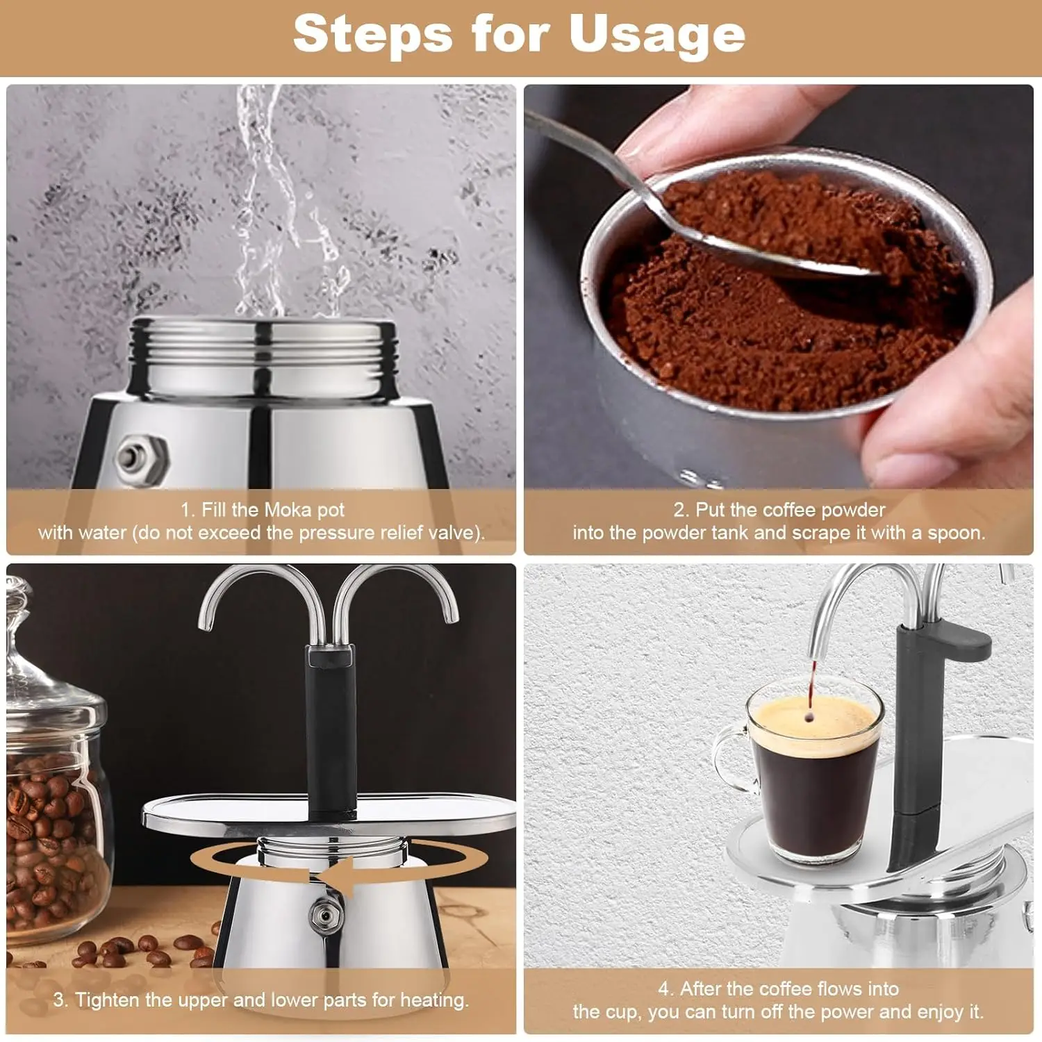 Classic Italian Style Double Tube Espresso Maker Stainless Steel Mini 2 Cup Moka Pot Stovetop Coffee Maker Portable Travel Use