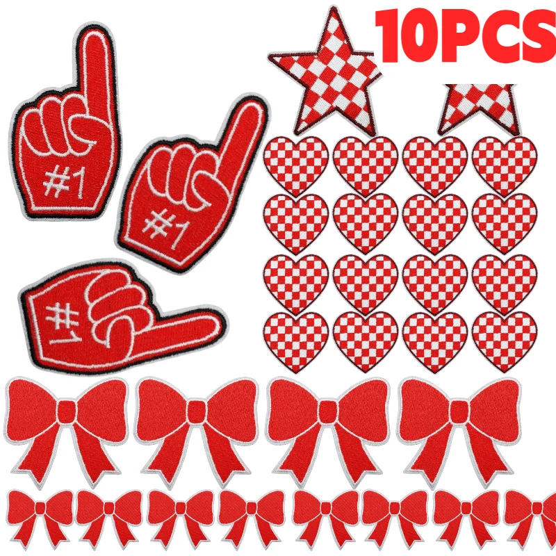 

Набор из 10 нашивок: красные звезды, банты, вышивка, молнии, сердца. Дизайн для чирлидеров, для поддержки команды в день матча. Приклеиваются утюгом, для самостоятельного декорирования одежды.