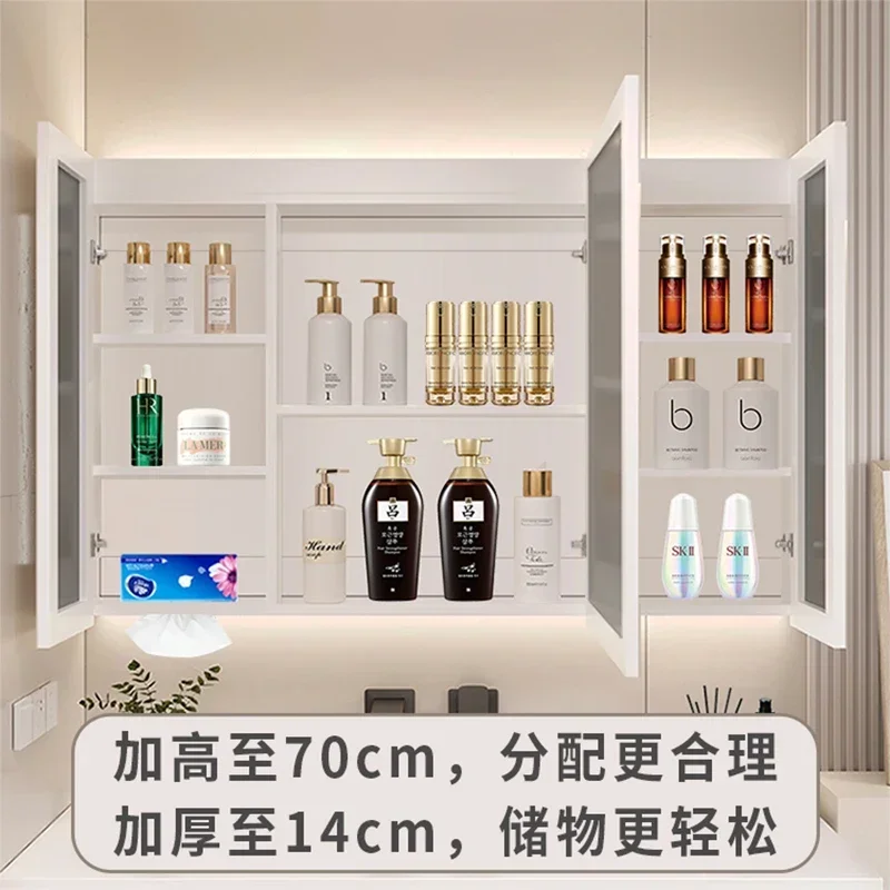 Nordic Smart Bathroom Mirror Cabinet Wall-mounted Mirror Light Fog Removal Solid Wood with Shelf Storage Bathroom Furniture FYBC