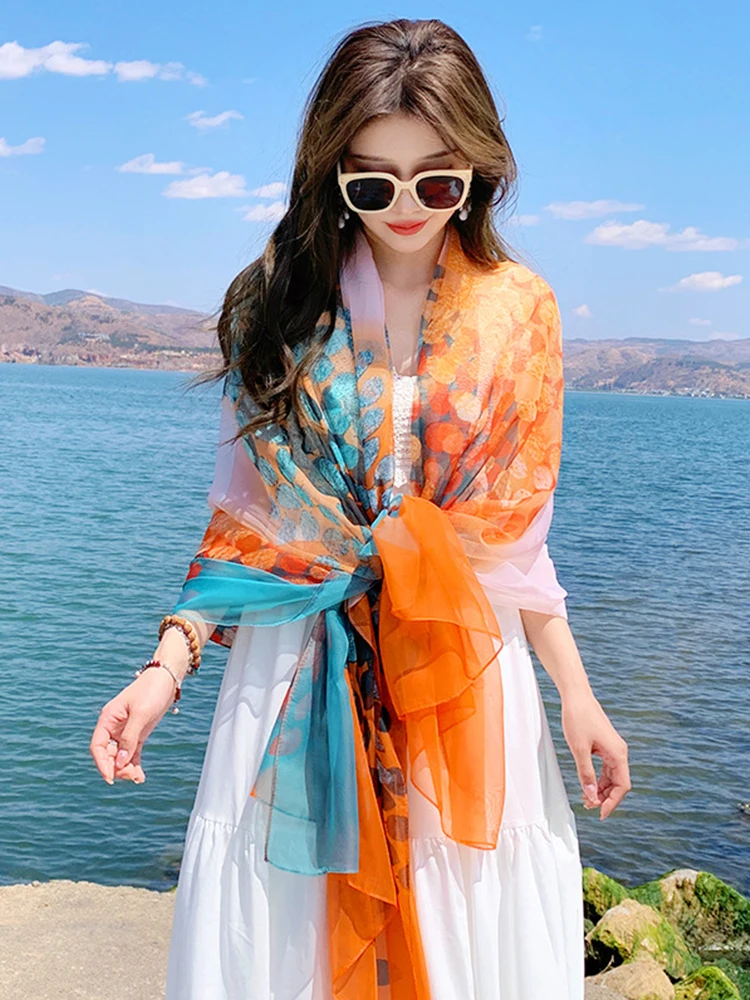 Summer Chiffon Hijab Elegant Women Silk Scarf Vintage Print Mujer Shawl Bandana Sarong Beach Wrap Scarve Pareo Bufanda Stoles