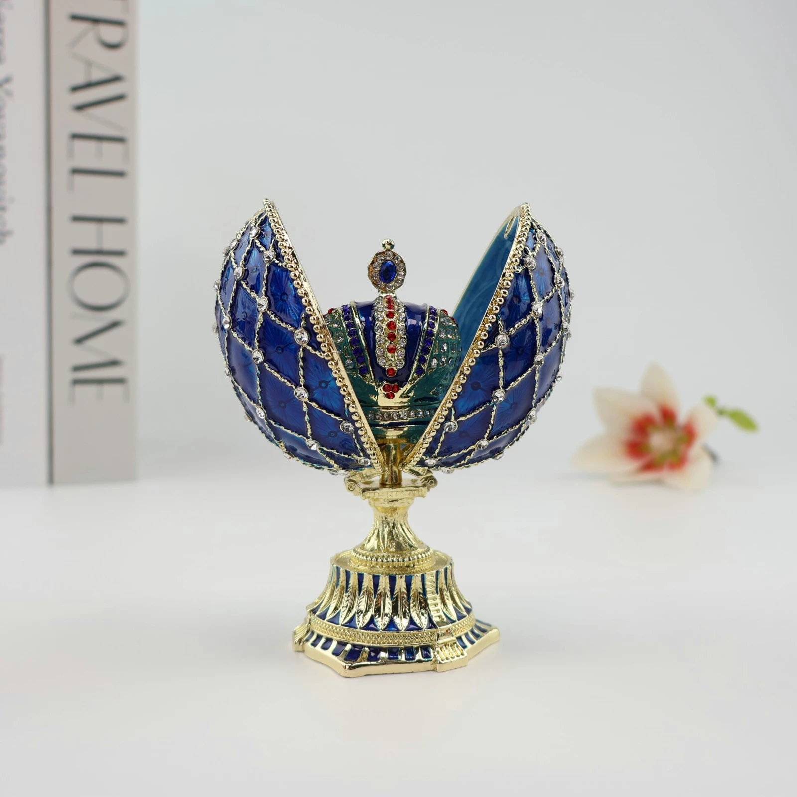 Vintage Enamel Faberge Egg Jewelry Box Inlaid Rhinestone, Metal Easter Egg Trinket Box with Mini Crown Inside