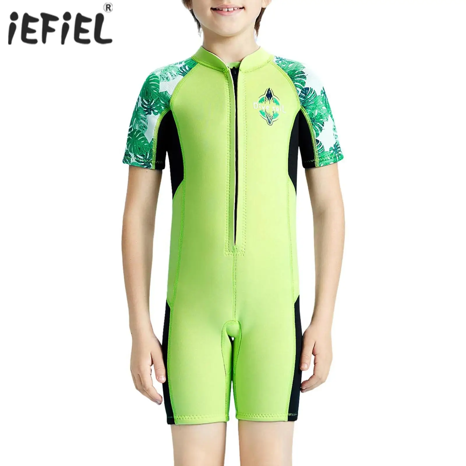 

Kids Boys Girls 2.5mm Neoprene Thermal Wetsuit Leaf Printed Short Sleeve Thigh Length Jumpsuit for Surfing Diving Snorkeling