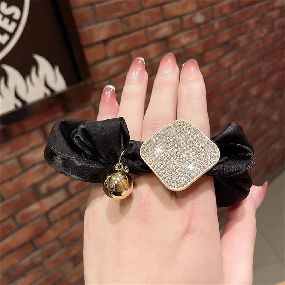 Bingbling Rhinestone Head Ropes For Women Soft Fabric Large Intestine Headwears Bright Golden Ball Pendant Hair Ties