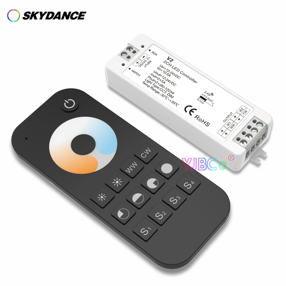 

Skydance V2 Dual Color LED Controller set & RT2 Wireless 1 Zone RF 2.4G Color Temperature Remote switch Control CCT Dimmer Kit