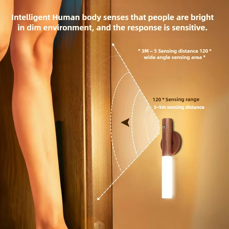 Magnetic Mount Smart LEDNight Light Wood Grain-Three Color Adjustable Headboard Lamp with Automatic Motion Sensor for Hall Light