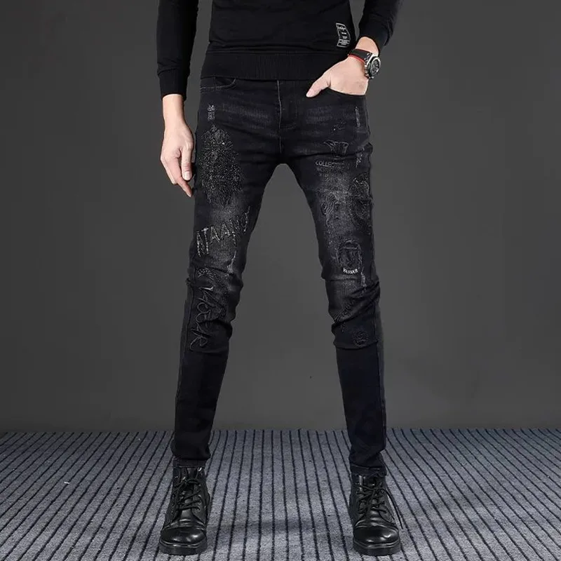 

Autumn and Spring New Fashion Trend Black Embroidery Retro Straight Leg Jeans Men's Casual Sports High Quality Elastic Jeans