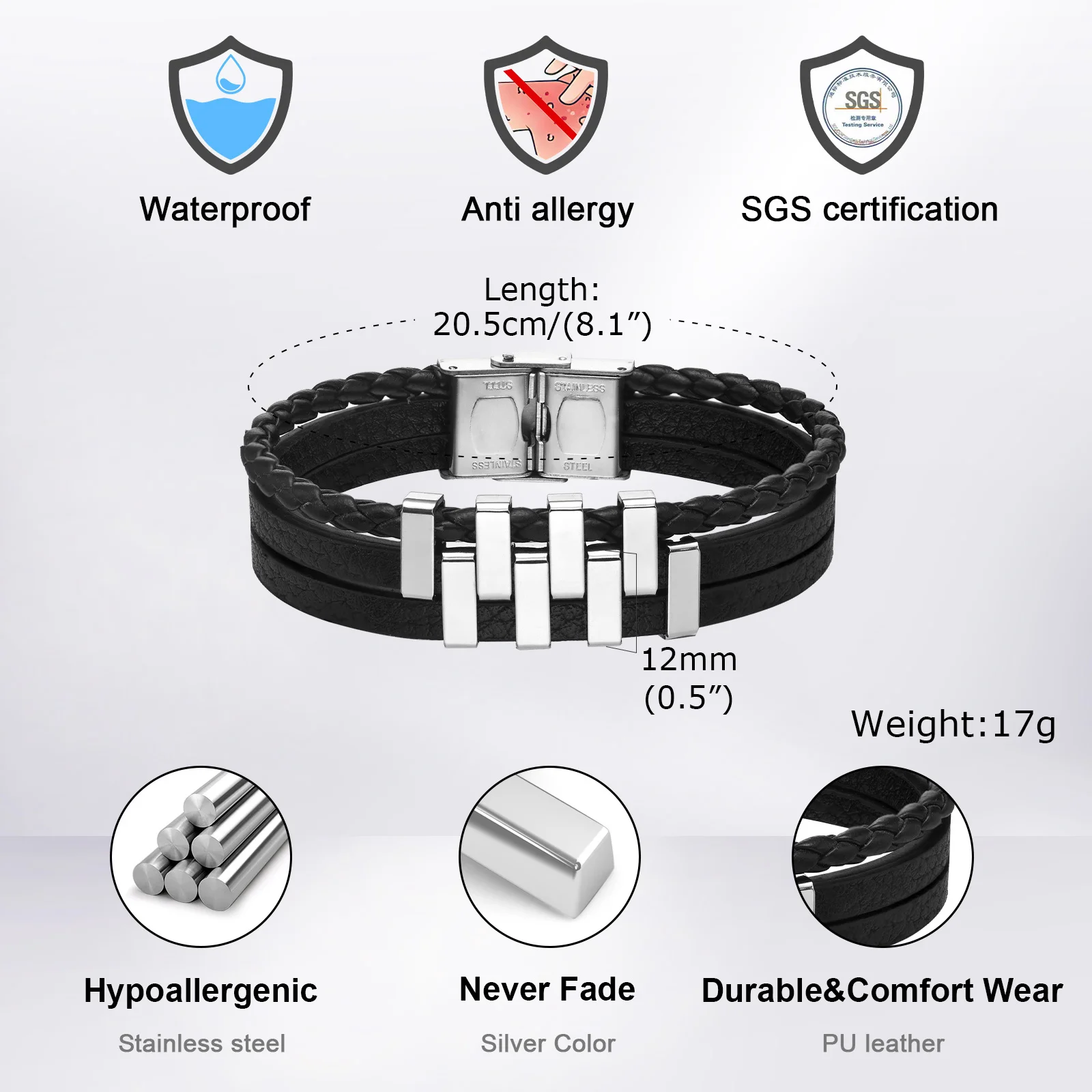 Mens Leather Bracelets,Stylish Stainless Steel 3 Layer Black Bracelets,New Fashion Jewelry Gift for Father Dad Husband BFF Son