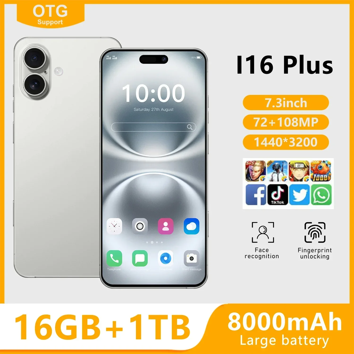 Global Version High Quality I16 Plus 5G Android Smartphone 16GB+1TB 7.3 Inch HD Screen 8000mAh 108MP Dual SIM Unlock Phone