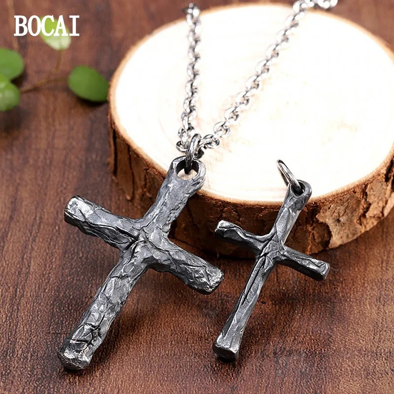 

BOCAI New S925 Silver Distressed Personalized Exquisite Cross Shaped Frame Pendant Couple Gift