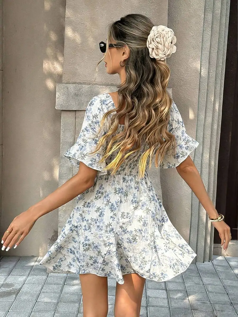 

Women Summer Casual White Ditsy Floral Square Collar Ruffle Sleeve Short Dress