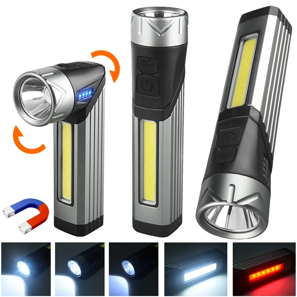Rechargeable Super Bright LED Flashlight Built-in Battery Magnetic 90° Rotatable Head Foldable for Car Repair Camping Work Light