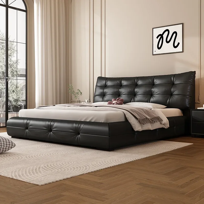 Italian minimalist large black bear leather bed modern double