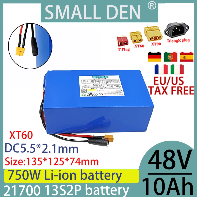 

48V 10ah 21700 lithium battery pack 13S2P with BMS15A 0-750W high-power and high-capacity lithium-ion battery+2A charger