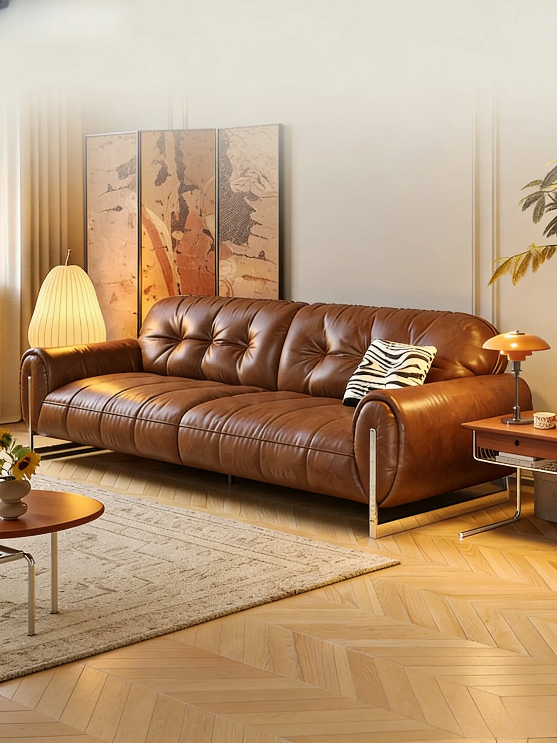 Medieval oil wax leather sofa, caramel color living room straight row American French retro leather