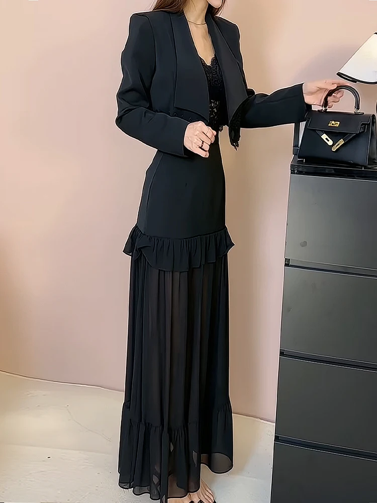 Ele ort Pak Jaet En Me Rokset Dames Lente Herfst Hoge Taille A-lijn Dr Tweedelige Set Kraag Rits C...