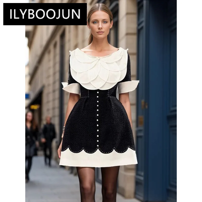 

ILYBOOJUN Colorblock Elegant Spliced Appliques Dress For Women Round Neck Short Sleeve High Waist Temperament Dresses Female