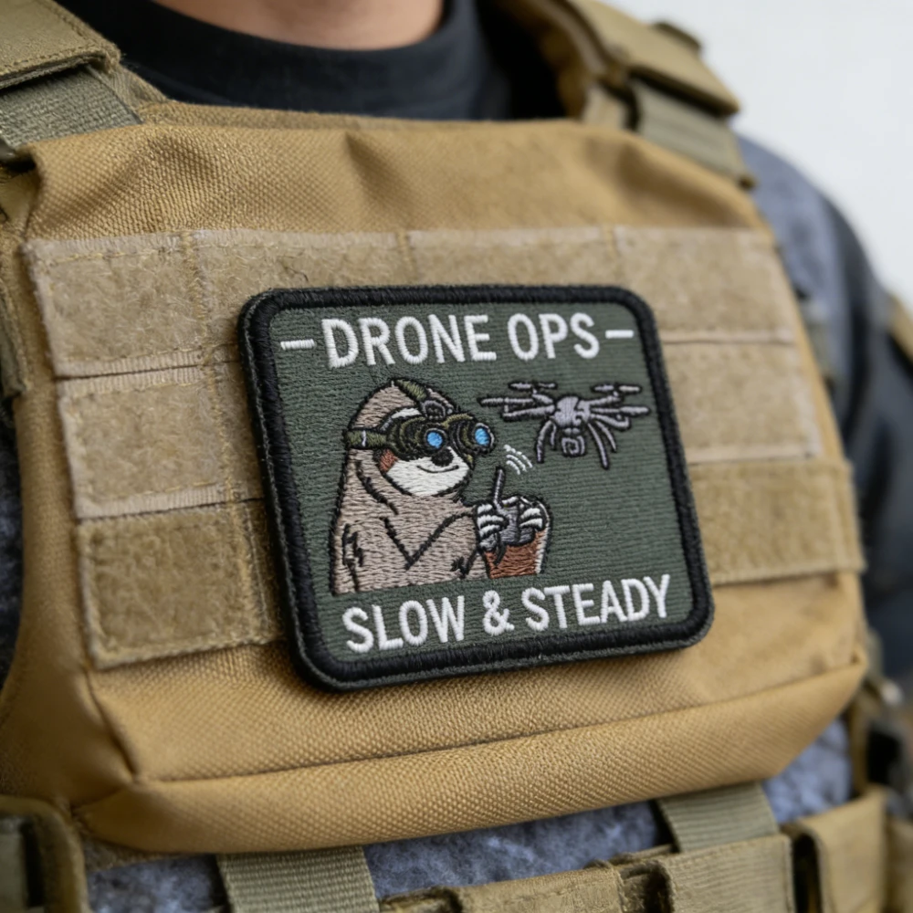 Patch brodé «Drone Ops – Slow & Steady» avec motif de paresseux, patch tactique de moral pour le pilotage de drones, pour sacs à dos et vestes