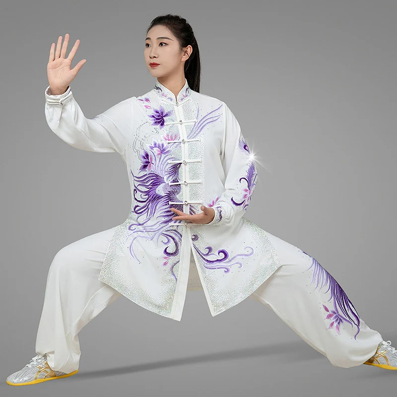 Custom Women's Premium Heavy Rhinestone White Lotus Phoenix Embroidery Tai Chi Suit - Silk Hemp Martial Arts Uniform Spring Summ