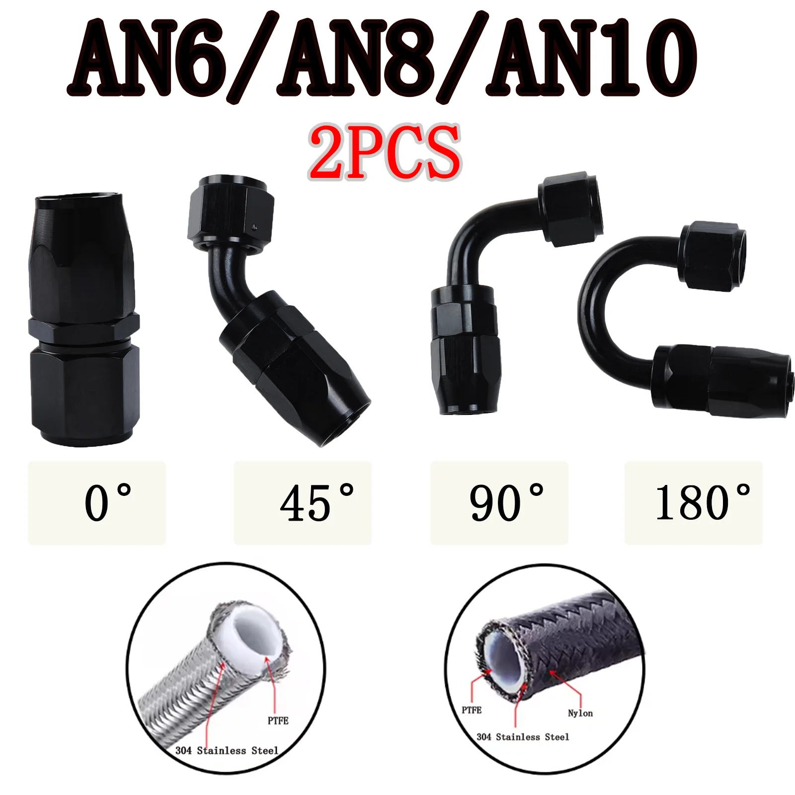 

2PCS CPE Oil Pipe Joint Water-Cooled Oil Cooling Joint Oil Cooler Tube Aluminum Alloy Oil Pipe Joint AN6/AN8/AN106,0°-180 °Black