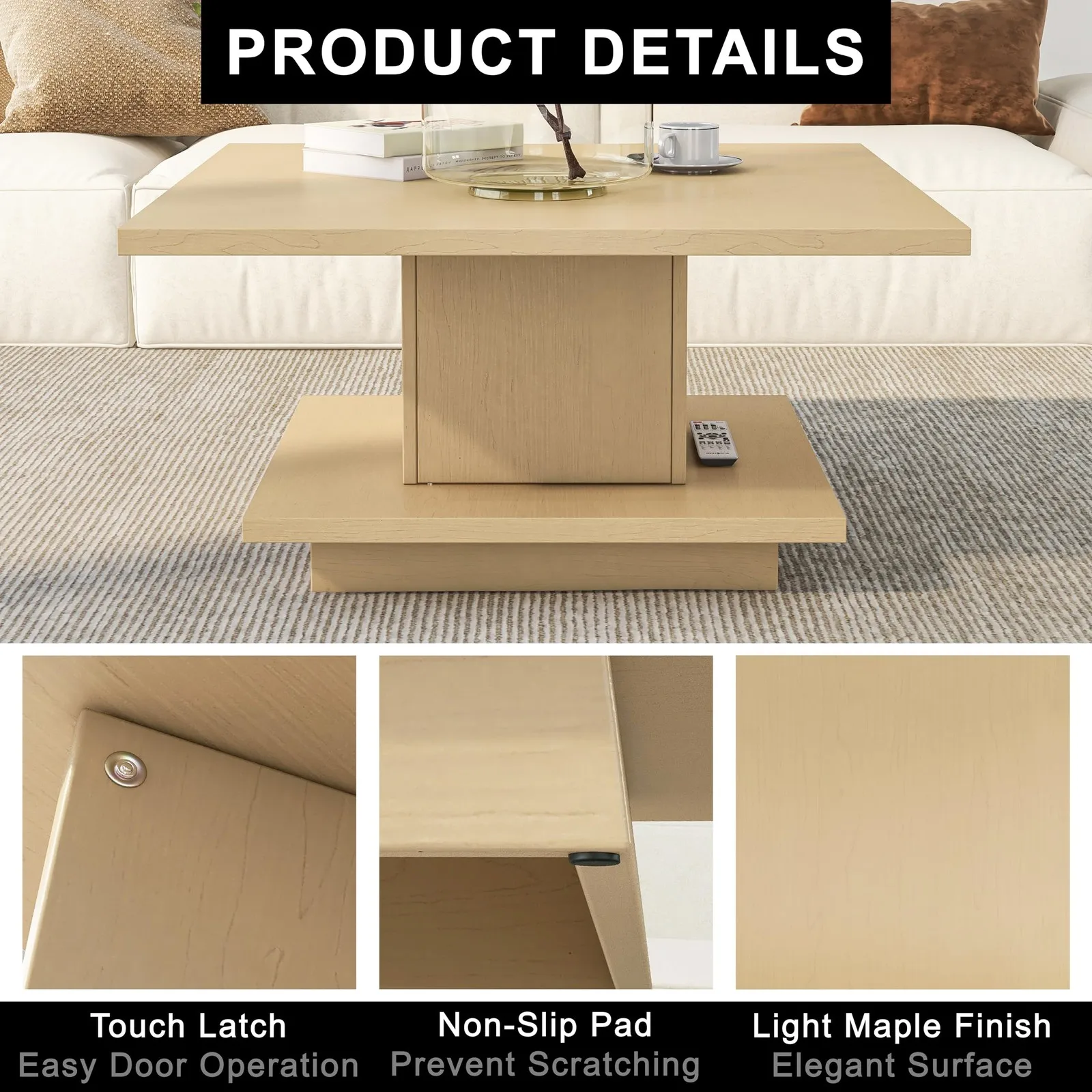 Café Tables31 Inch Square Coffee Table with Hidden Storage and Open Base Shelf Modern Design for Living Room