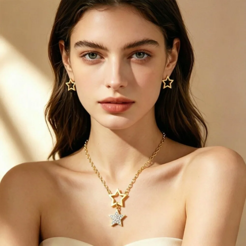 Star Pendant Earring & Necklace Set Stainless Steel Hollow Inlaid Rhinestone Jewelry Delicate Minimalist Daily Wear Gold/Silver