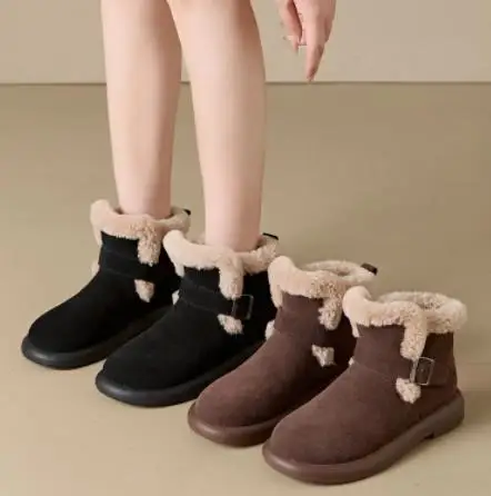 Winter Thickened Women's Snow Boots Real Leather Fleece Lined Fur Integrated Warm Cotton Shoes Short Booties Rubber Sole