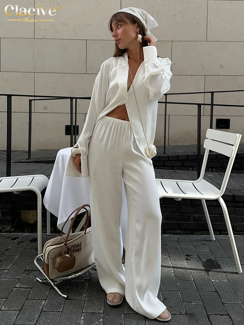 

Clacive Casual Loose White Satin Women's Two Pieces Set 2025 Elegant Long Sleeve Blouse With High Waist Wide Leg Pants Set