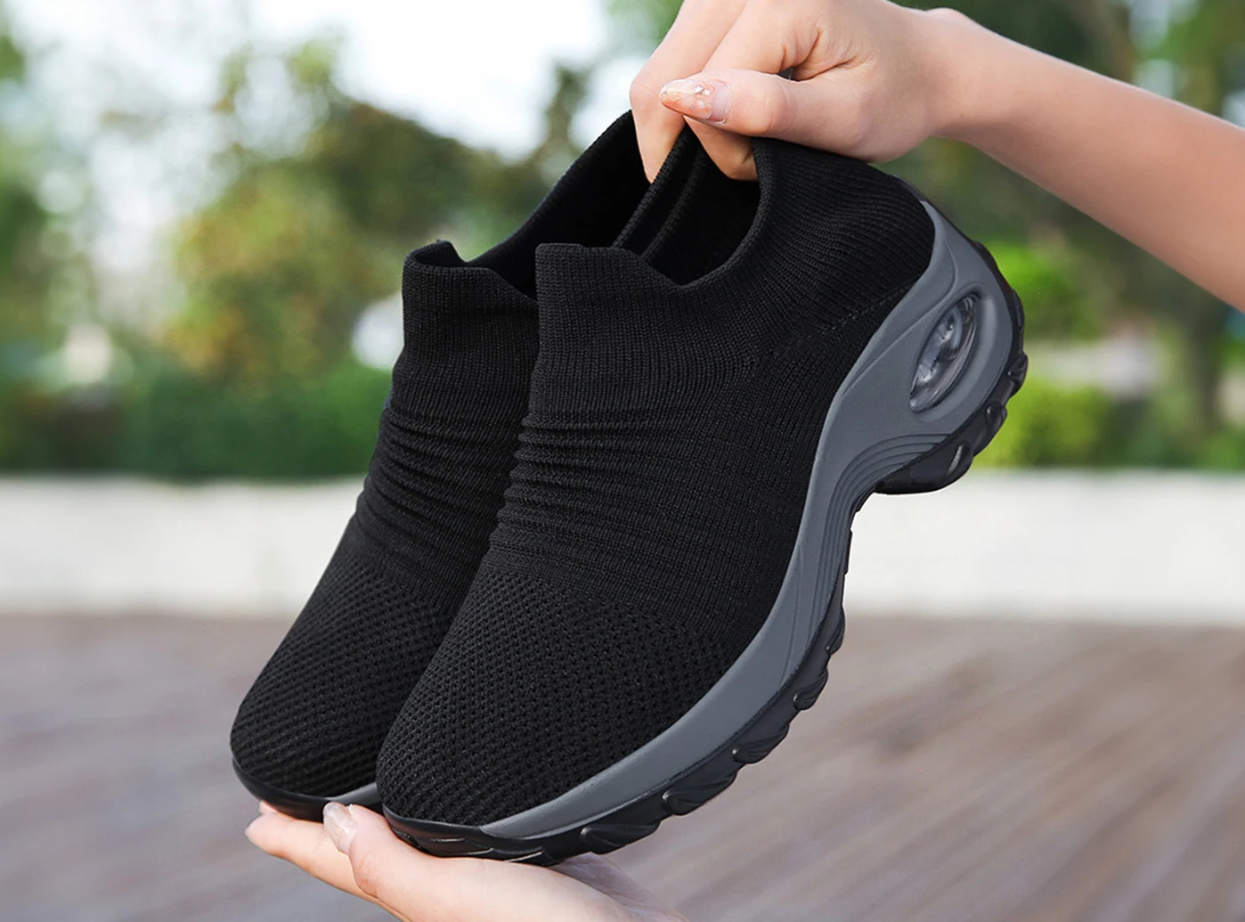 Women's sports shoes slip-on shoes oversocksflying knit air cushion sports shoe lightweight breathable for outdoor sports