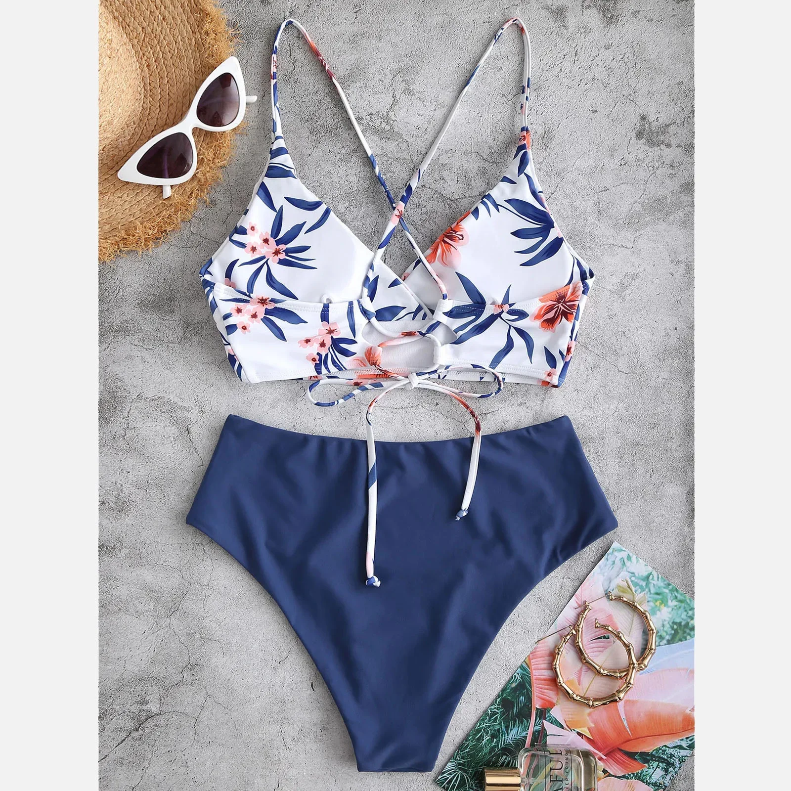 Maiô sexy sem costas feminino com gravata cruzada, conjunto de biquíni estampado, moda praia casual, conjunto de duas peças, moda verão