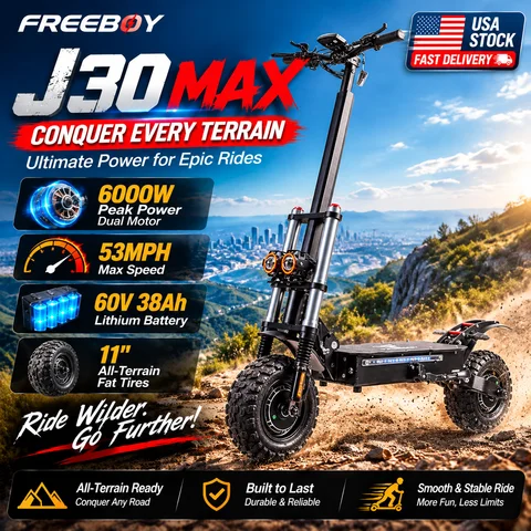 FREEBOY J30MAX E-Scooter for Adults 6000W Peak Dual Motor 53MPH Max Speed 60V 38Ah Lithium Battery 11" All-Terrain Fat Tires;Electric Scooter with Detachable Seat;Foldable Electric Scooter with APP NFC Display for Commuting Off-Road E-Bike