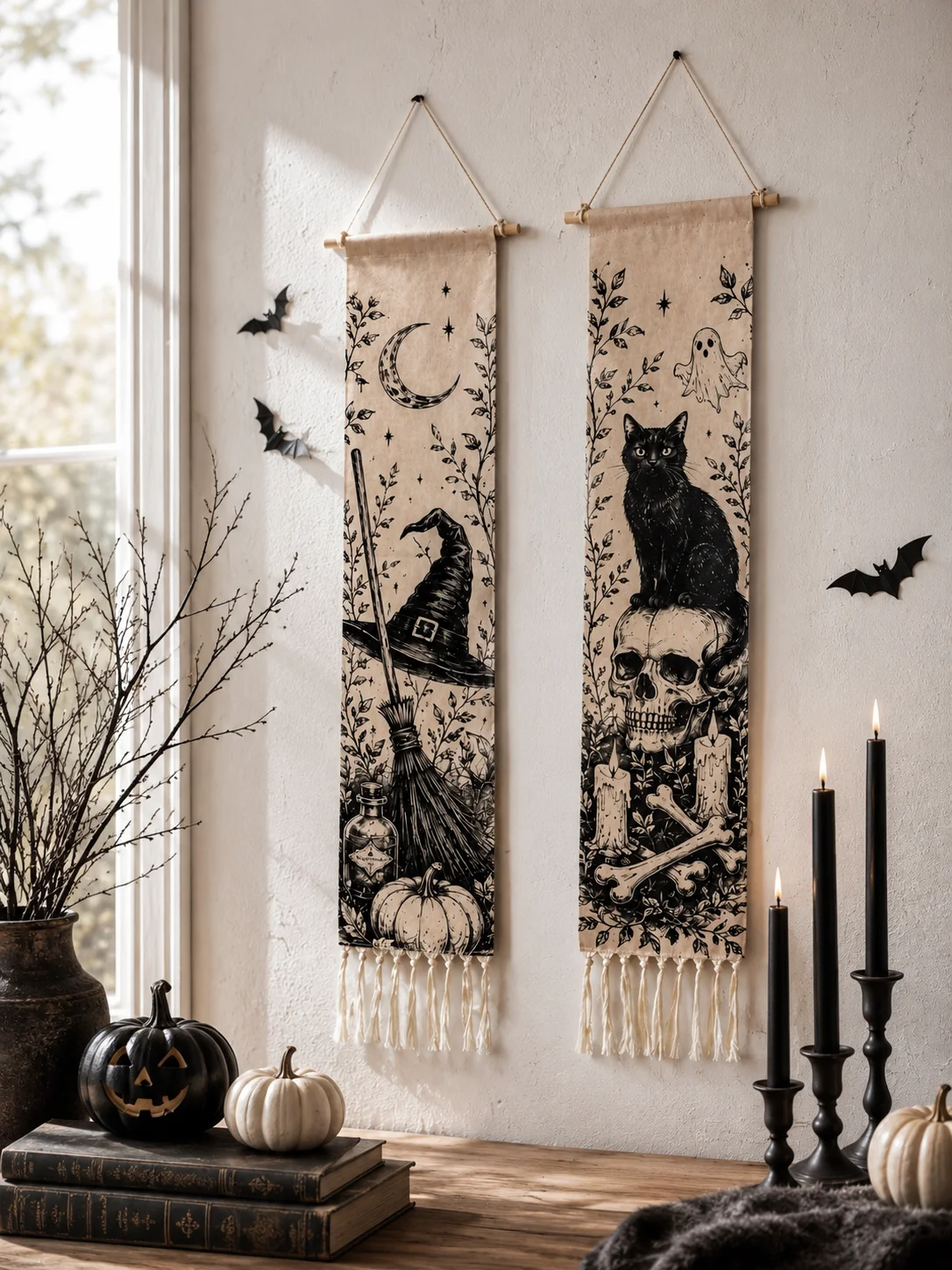 Halloween-Wandteppich mit Quasten, Gotische Hexe, Schwarze Katze, Krähe, Geisterhaus, Totenkopf-Druck, Vintage Grusel-Wandbehang Deko – Detail 20