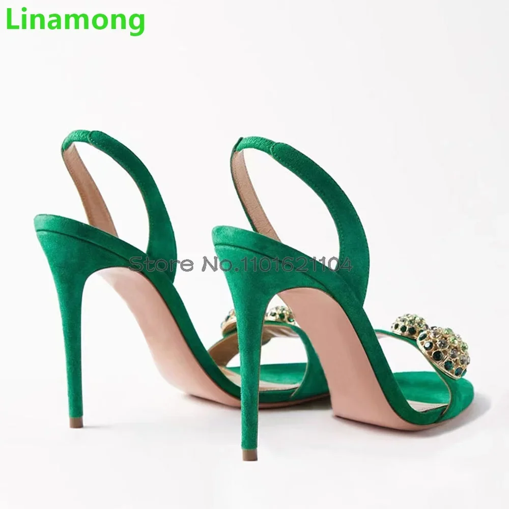 Green Crystal Luxury Design Sandals For Female Women 2024 Summer New Round Toe Thin High Heel Back Strap Slingback Elegant Shoes