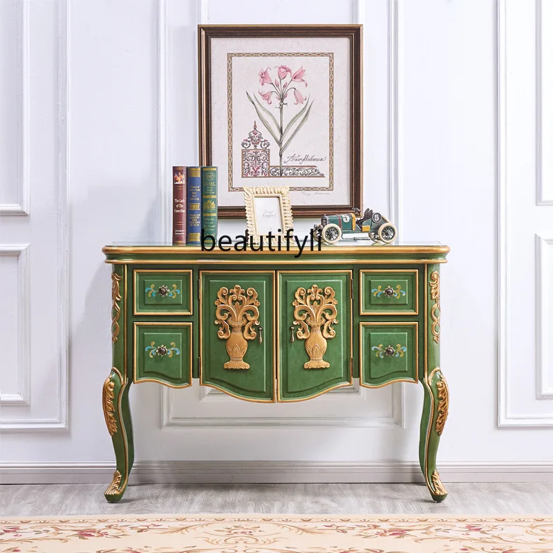 Emerald dining side cabinet solid wood carving flower living room entrance table retro old end view table wall cabinet