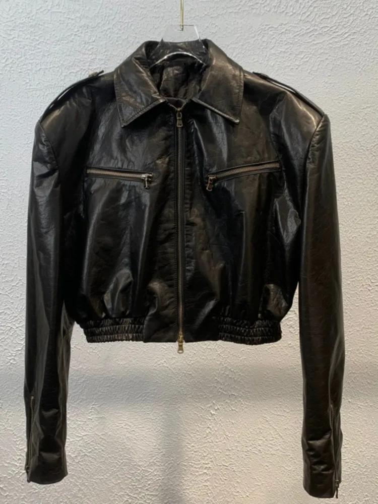 Boyfriend Style Moto Biker Jacket Women Oil Wax Cowhide Genuine Leather Jacket Zip Vintage Wide Shoulder High Waist Short Coat