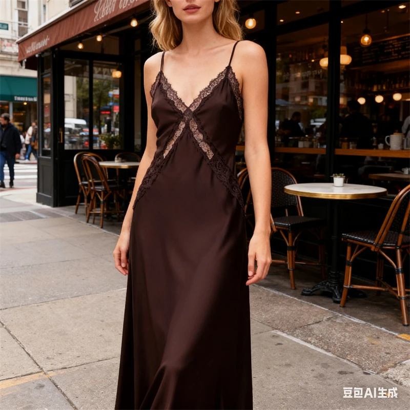 Women's Dark Brown Satin Slip Dress with Lace Trim, Spaghetti Strap V-Neck Maxi Dress, Elegant Nightwear & Party Dress"
