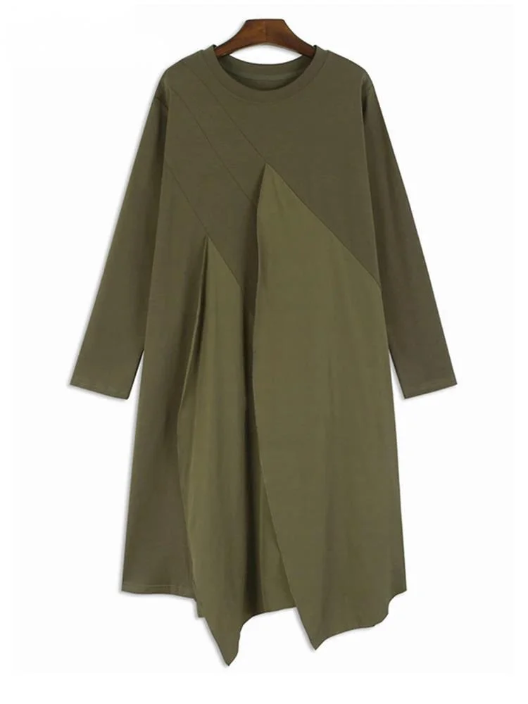 Feminino verde cor-bloco bainha irregular tamanho grande vestido novo em torno do pescoço manga longa moda maré primavera outono