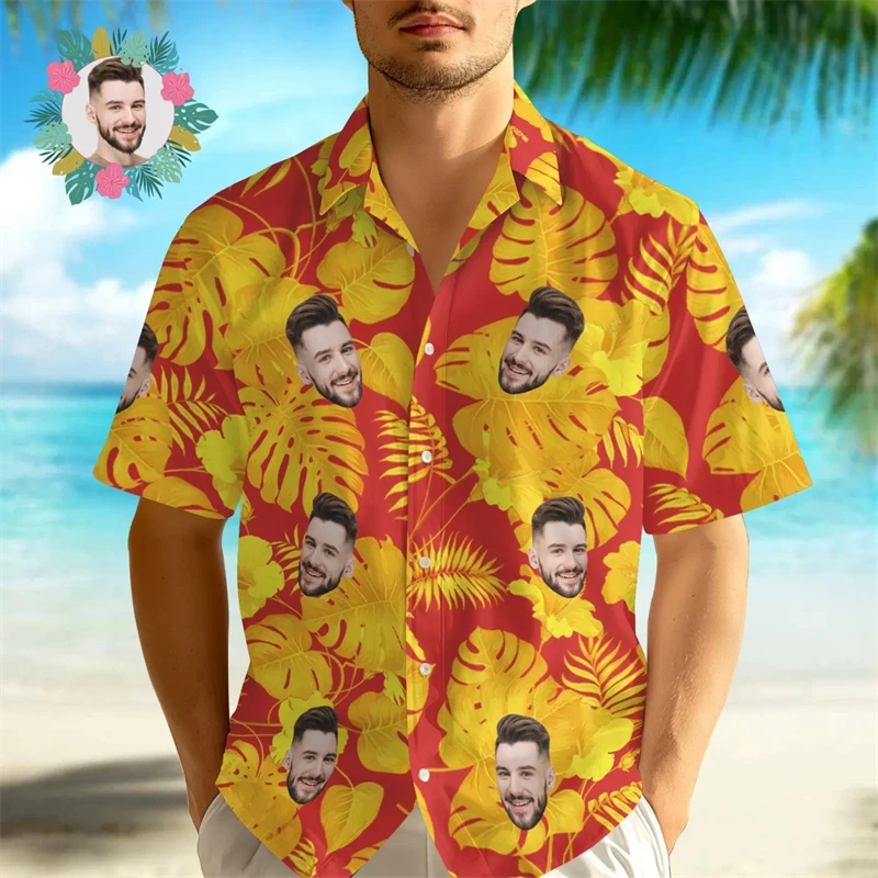 Custom Face Hawaiian Shirts For Men Women 3d Printed Tropical Leaves Shirts Fashion Party Family Short Sleeve Beach Aloha Shirt