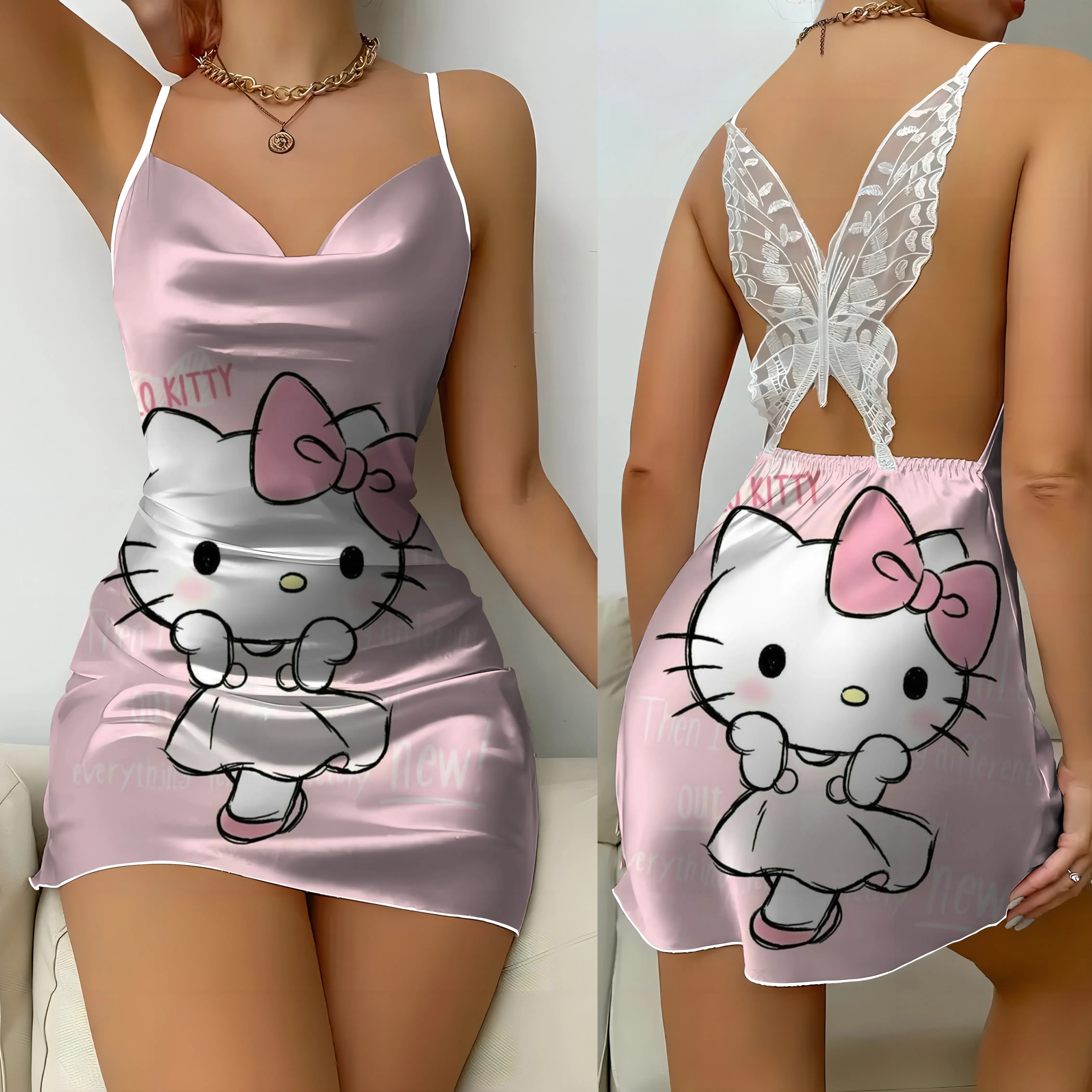 

Off Shoulder Party Dresses Home Dress Hello Kitty Bow Knot Pajama Skirt Satin Surface Womens Fashion Summer 2024 Short Mini Sexy