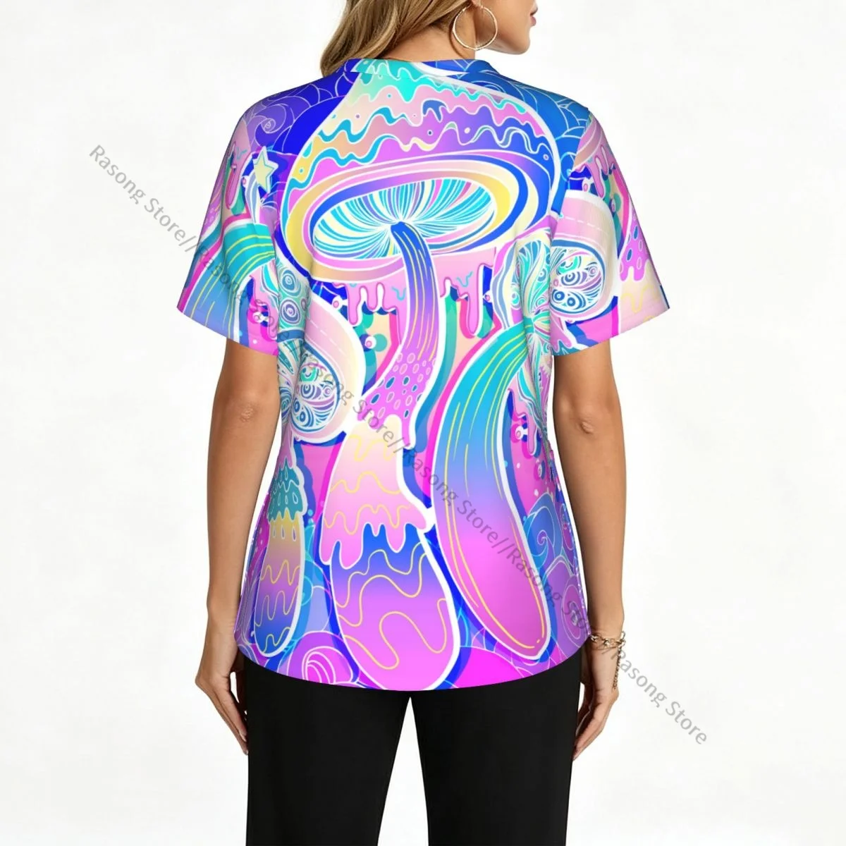 Women Scrubs Blouse Medical Nurse V-neck Clinical Scrubs Top Magic Mushrooms 60s Hippie Art Operating Room Work T-shirt